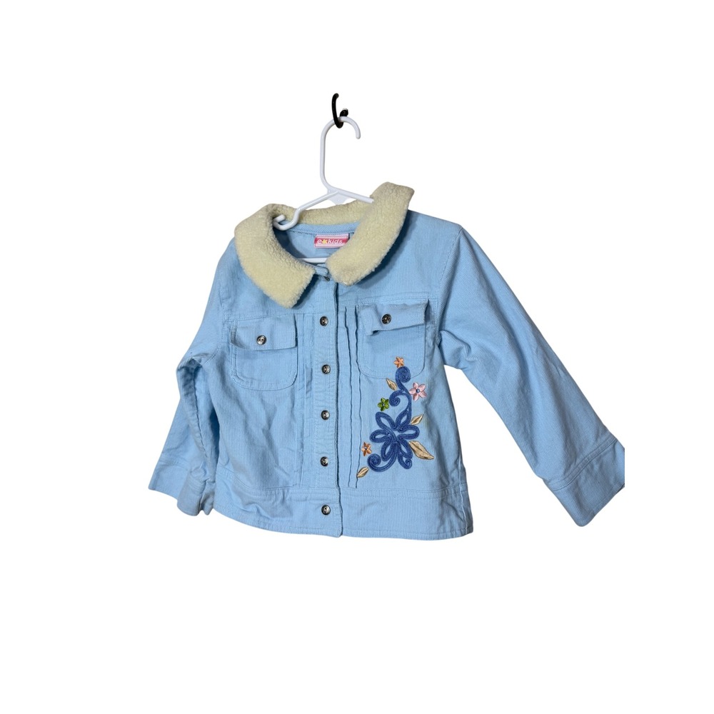 e kids Girls Baby Blue Corduroy Jacket Faux Fur Collar Floral Embroidered 4T